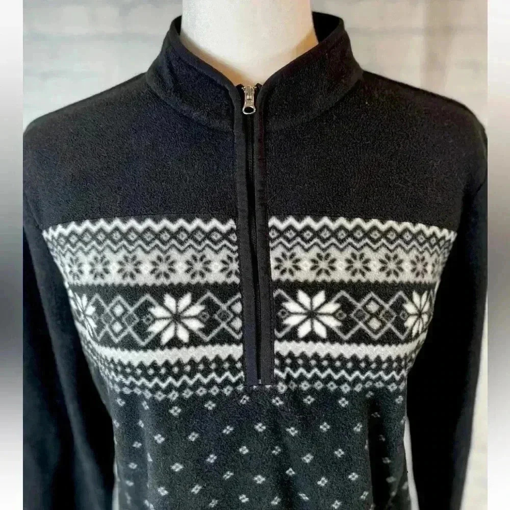 KIM ROGERS 1/4 Quarter Zip FAIR ISLE‎ SNOWFLAKE Fleece Jacket Black White size S